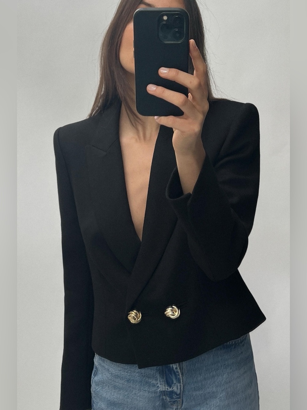 Zara Black Cropped Double-Breasted Blazer with Gold Buttons